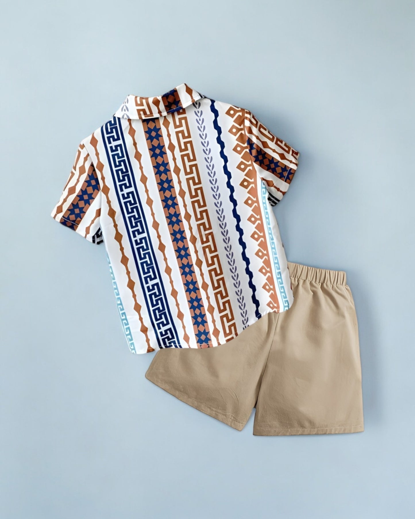 Boy Brown Chain Geomatric Striped Short Sleeve Shirt & Shorts Two Piece Clothing Set