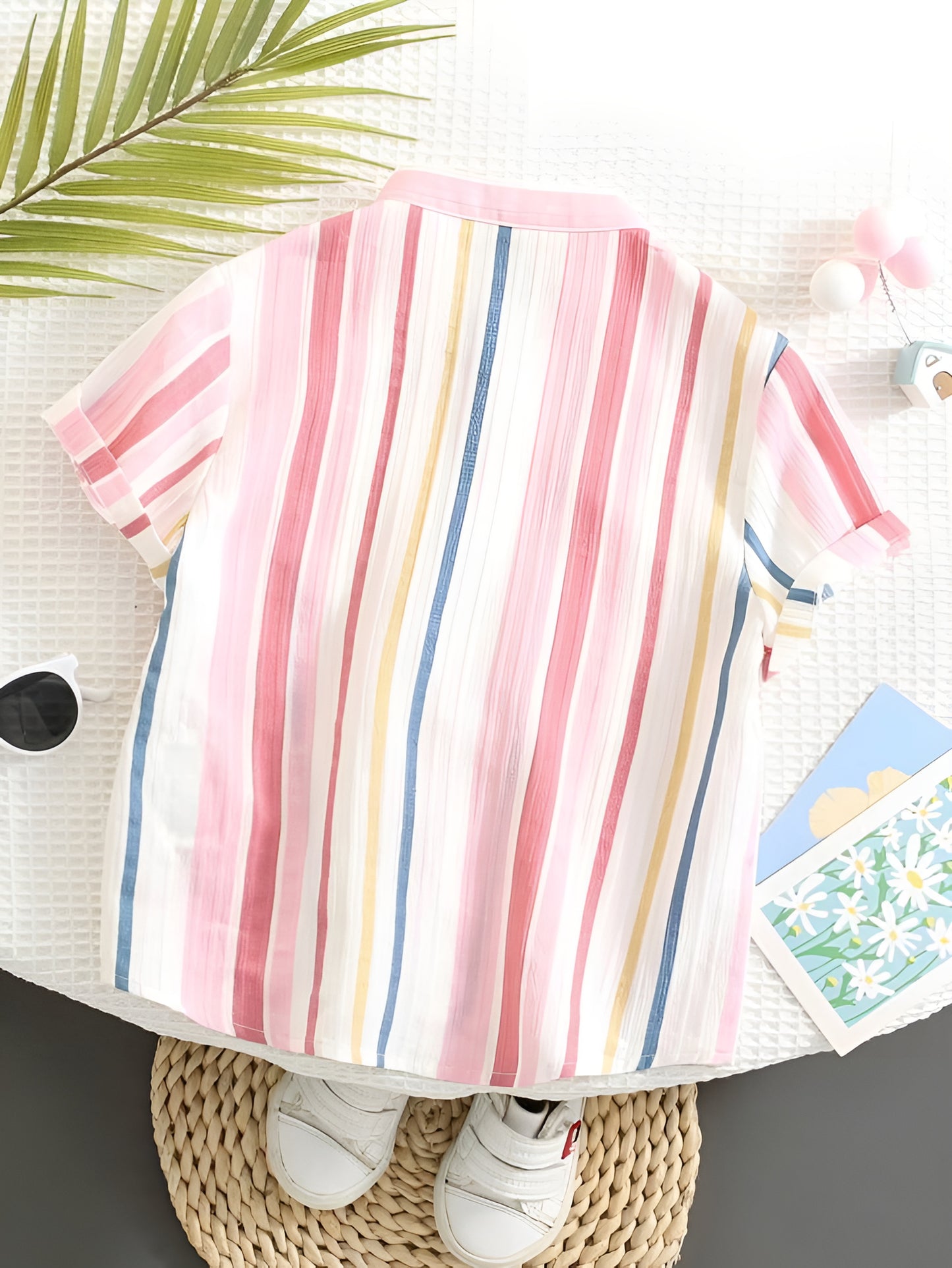 Shinydots Kids Boys Colorful Striped Short Sleeve Shirt With Grey Cotton Short Clothing Set
