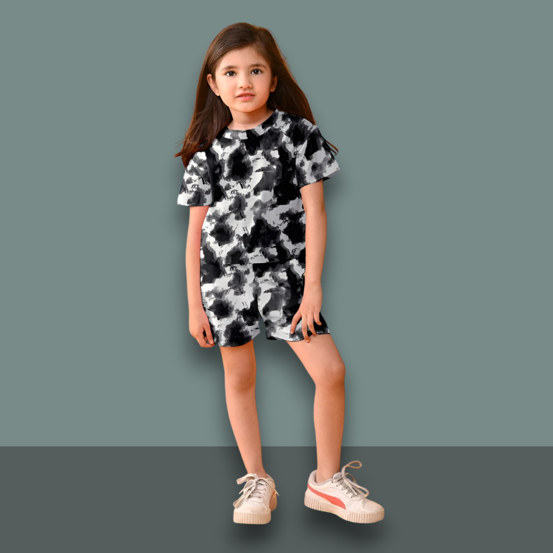 Girls' Tie-Dye Cotton Co-Ord Set - Black & White