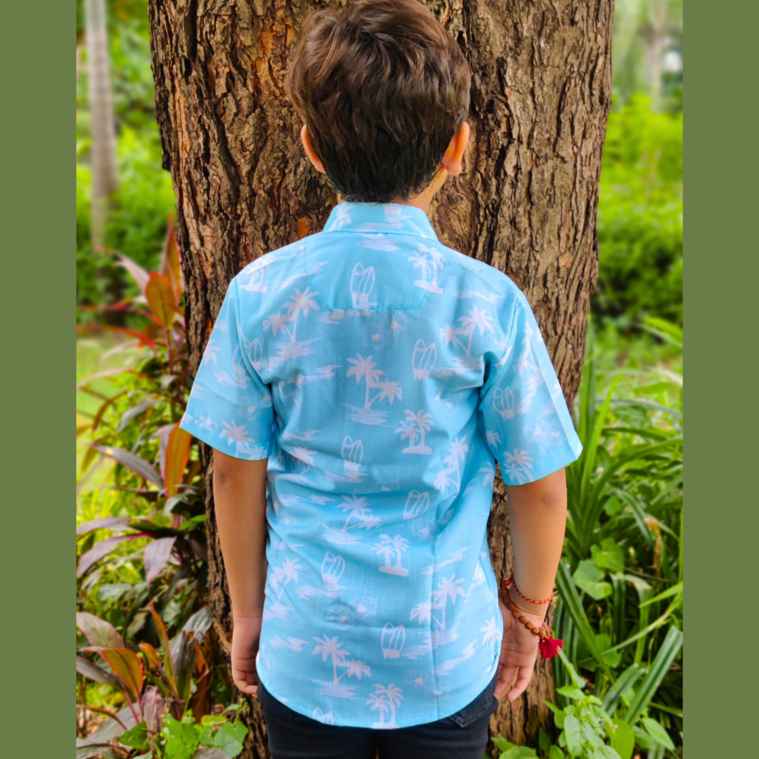 Kids Boy Sky Blue Cotton Blend Palm Tree Printed Shirt For Regular Wear