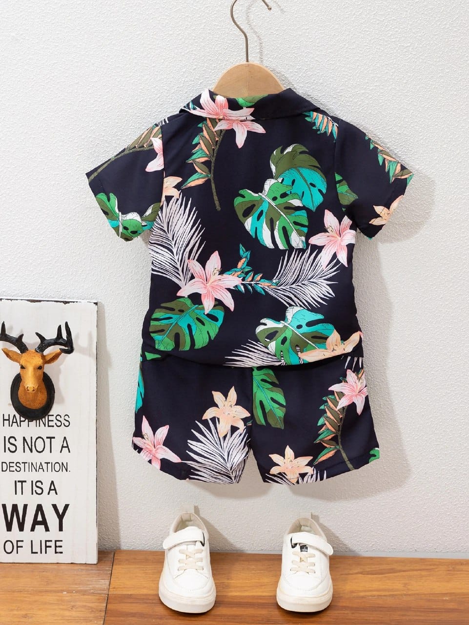Baby Boys Black Tropical Leaf & Floral Co-ord Set – Summer Shirt & Shorts Trendy Outfit By Shinydots