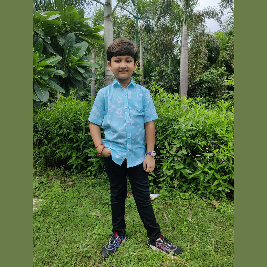 Kids Boy Sky Blue Cotton Blend Palm Tree Printed Shirt For Regular Wear