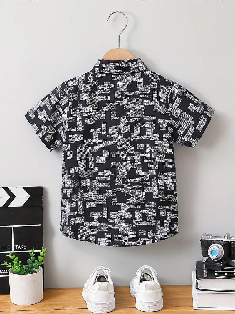 Trendy Boys Black Geometric Printed Shirt Sleeve Spread Collar Shirt โ Stylish & Comfortable By Shinydots