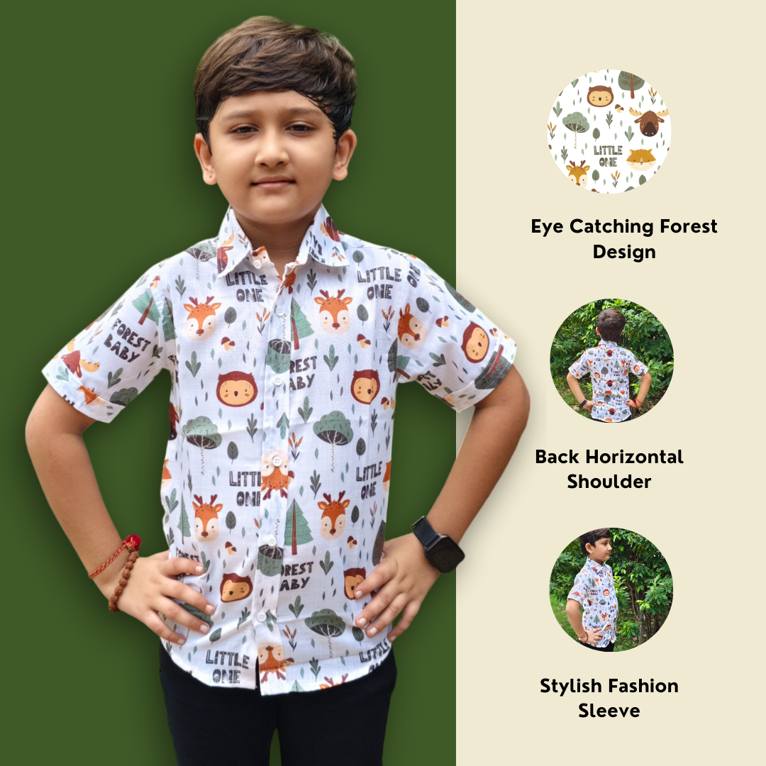 Forest Baby Animal Printed White Half Sleeve Shirt For Kids Boys