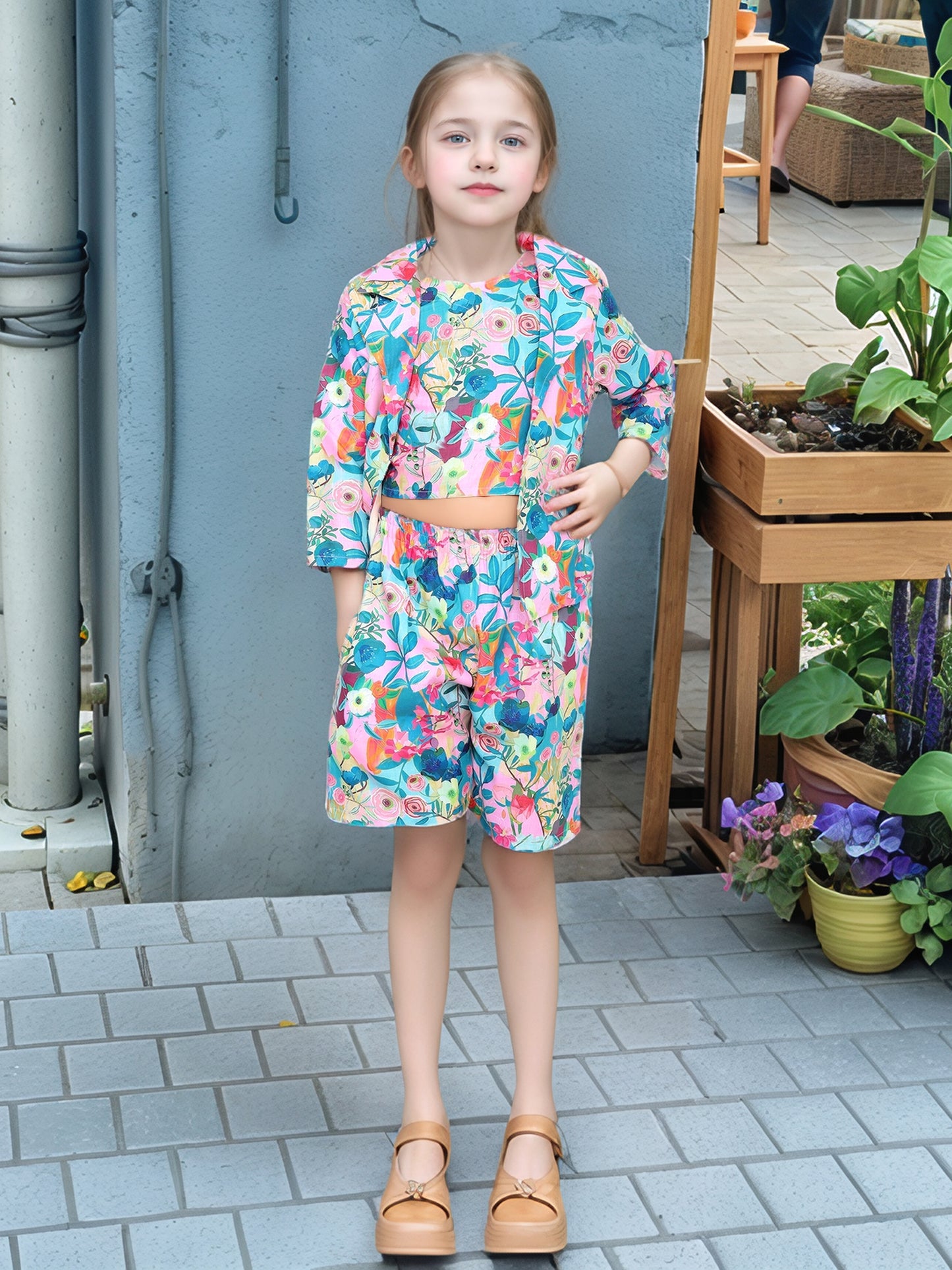 Shinydots Girls' Floral 3-Piece Co-Ord Set – Blazer, Crop Top & Shorts
