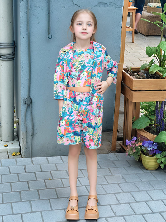 Shinydots Girls' Floral 3-Piece Co-Ord Set – Blazer, Crop Top & Shorts