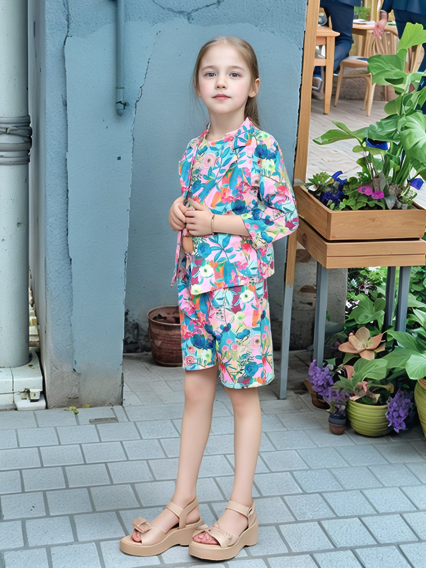 Shinydots Girls' Floral 3-Piece Co-Ord Set – Blazer, Crop Top & Shorts