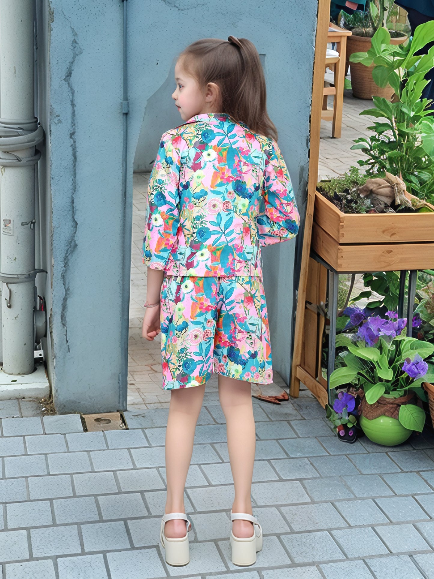 Shinydots Girls' Floral 3-Piece Co-Ord Set – Blazer, Crop Top & Shorts