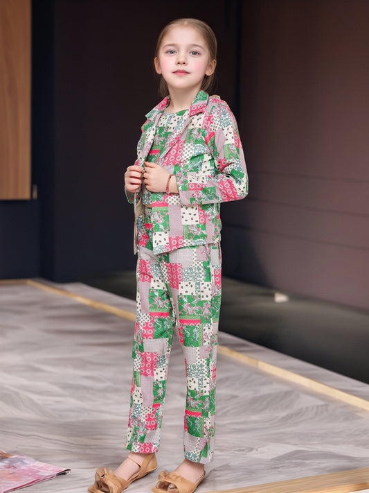 Girls' Trendy Patchwork Print 3-Piece Co-Ord Set – Jacket, Crop Top & Pants Shinydots