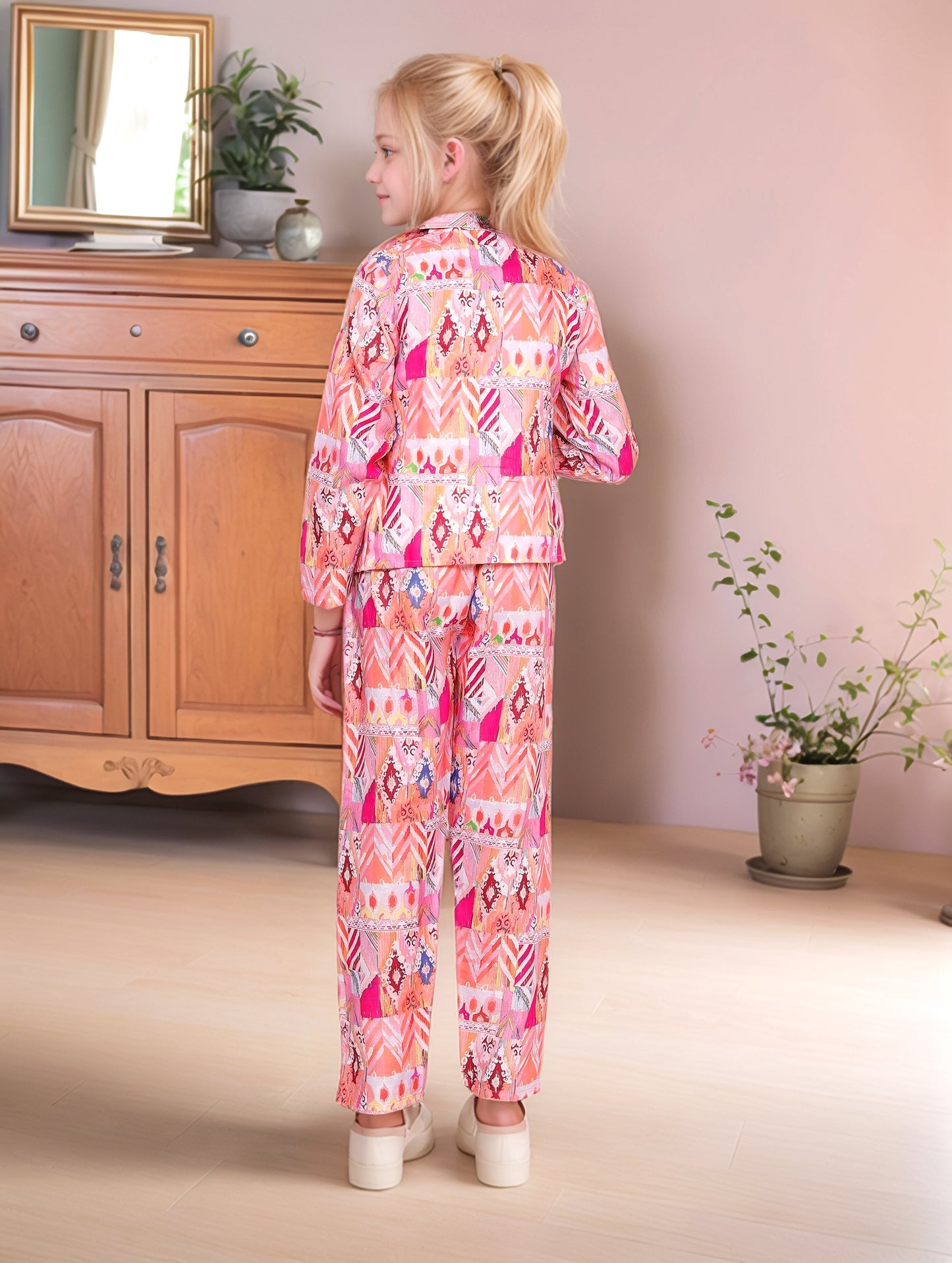 Pink-Orange Cotton Blend Digital Print Blazer, Tunic Palazzo 3-Piece Co-Ord Set For Girls