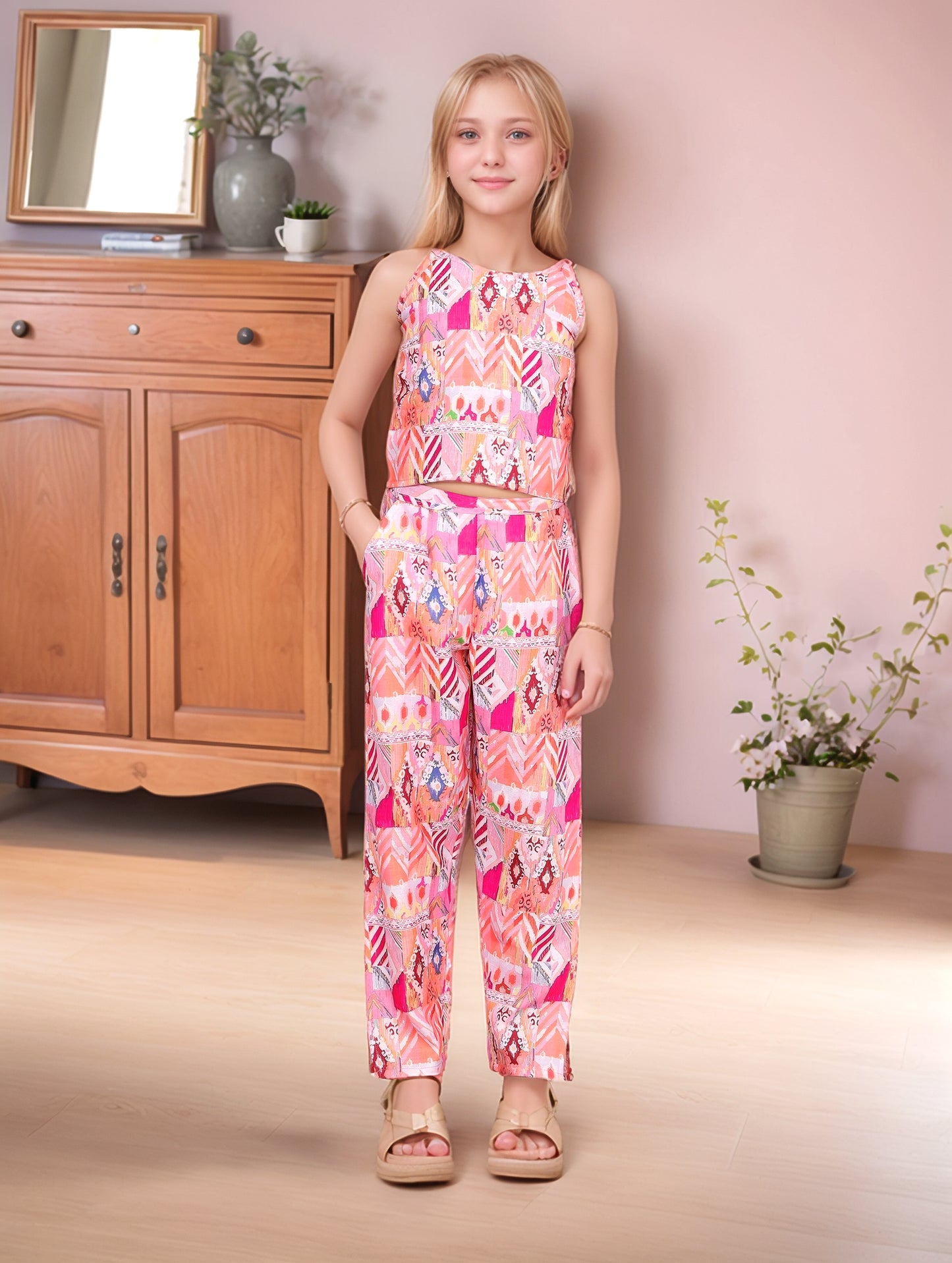 Pink-Orange Cotton Blend Digital Print Blazer, Tunic Palazzo 3-Piece Co-Ord Set For Girls