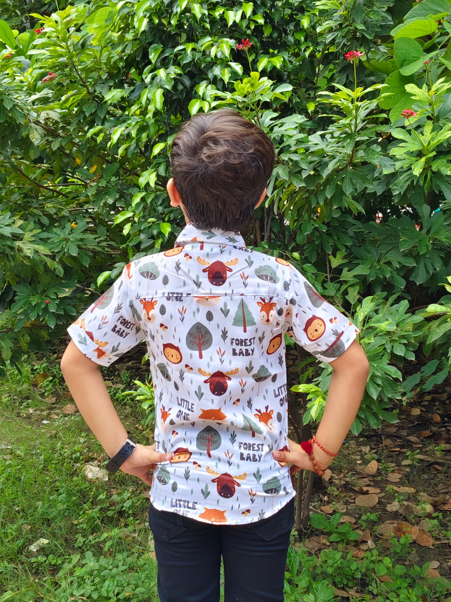 Forest Baby Animal Printed White Half Sleeve Shirt For Kids Boys