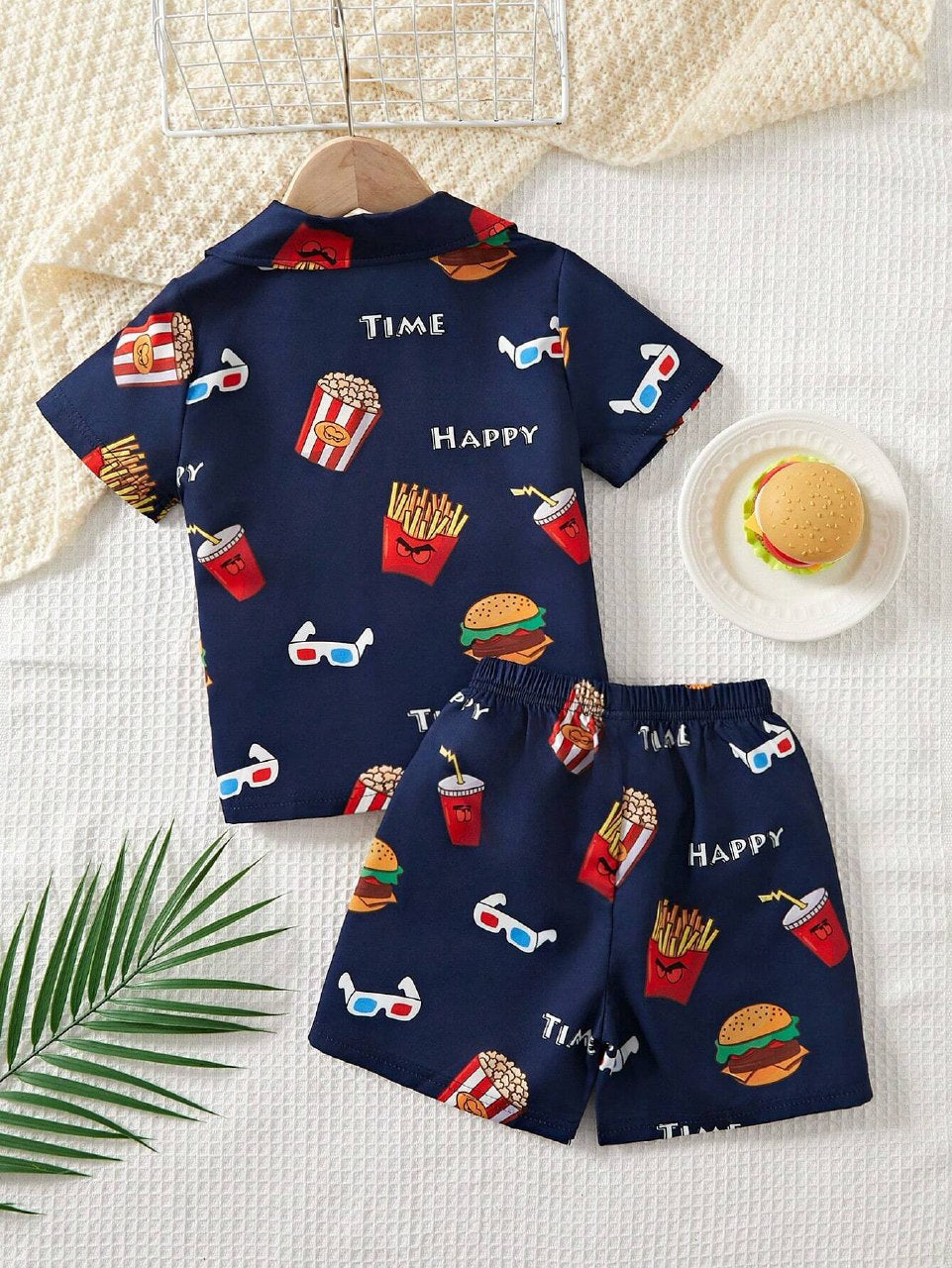 Trendy Baby Boys Navy Blue Fast Food Cinema Graphic Print Co-ord Set – Shirt & Shorts | Stylish Kids Outfit