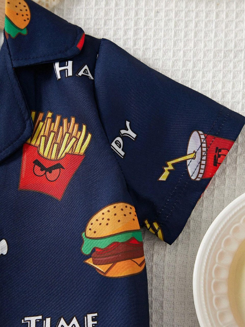 Trendy Baby Boys Navy Blue Fast Food Cinema Graphic Print Co-ord Set – Shirt & Shorts | Stylish Kids Outfit