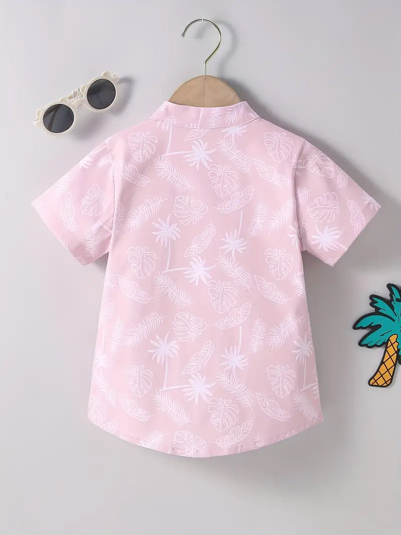 Shinydots Pink Short-Sleeve Shirt with Coconut Tree and Leaf Graphic