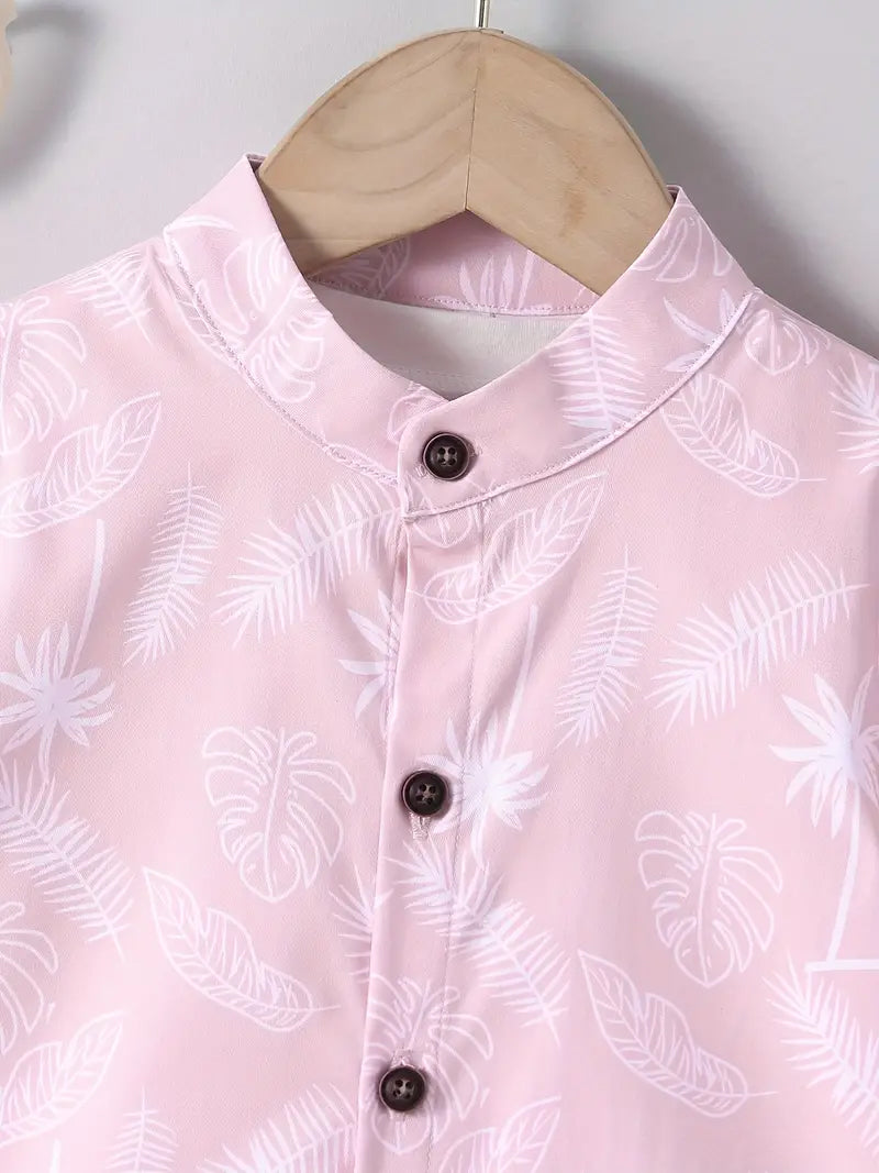 Shinydots Pink Short-Sleeve Shirt with Coconut Tree and Leaf Graphic