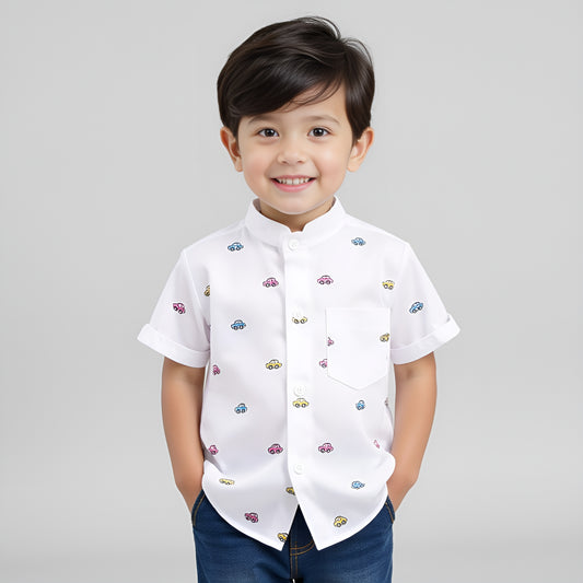 Shinydots Kids Boys Motor Car Print Short Sleeve Mandrian Collar Shirt