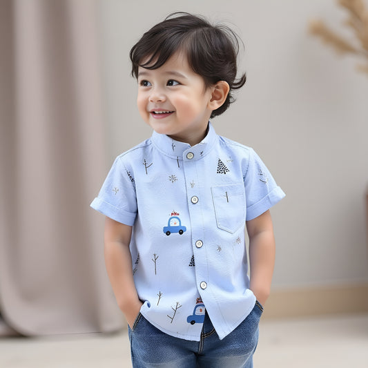 Shinydots Baby Boys Light Blue Tree and Car Print Mandarin Collar Short Sleeve Shirt