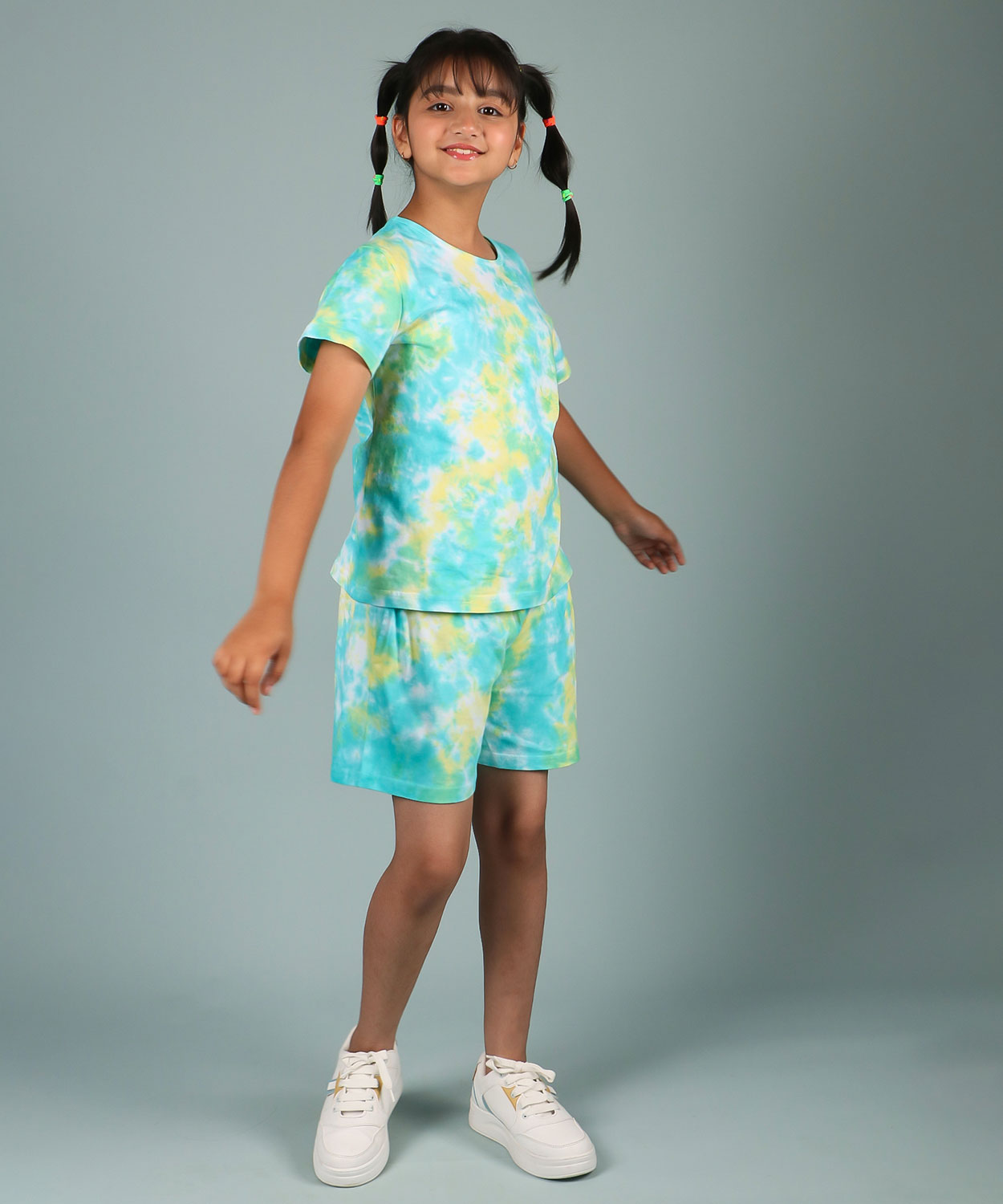 Girls' Tie-Dye Cotton Co-Ord Set - Sky Blue & Yellow