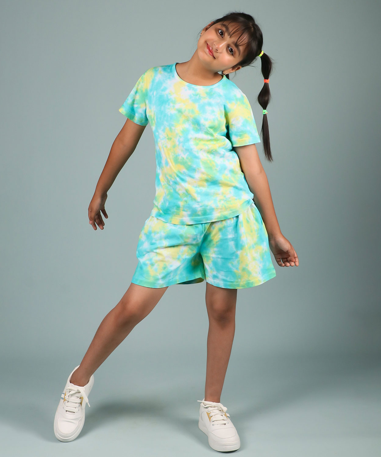 Girls' Tie-Dye Cotton Co-Ord Set - Sky Blue & Yellow