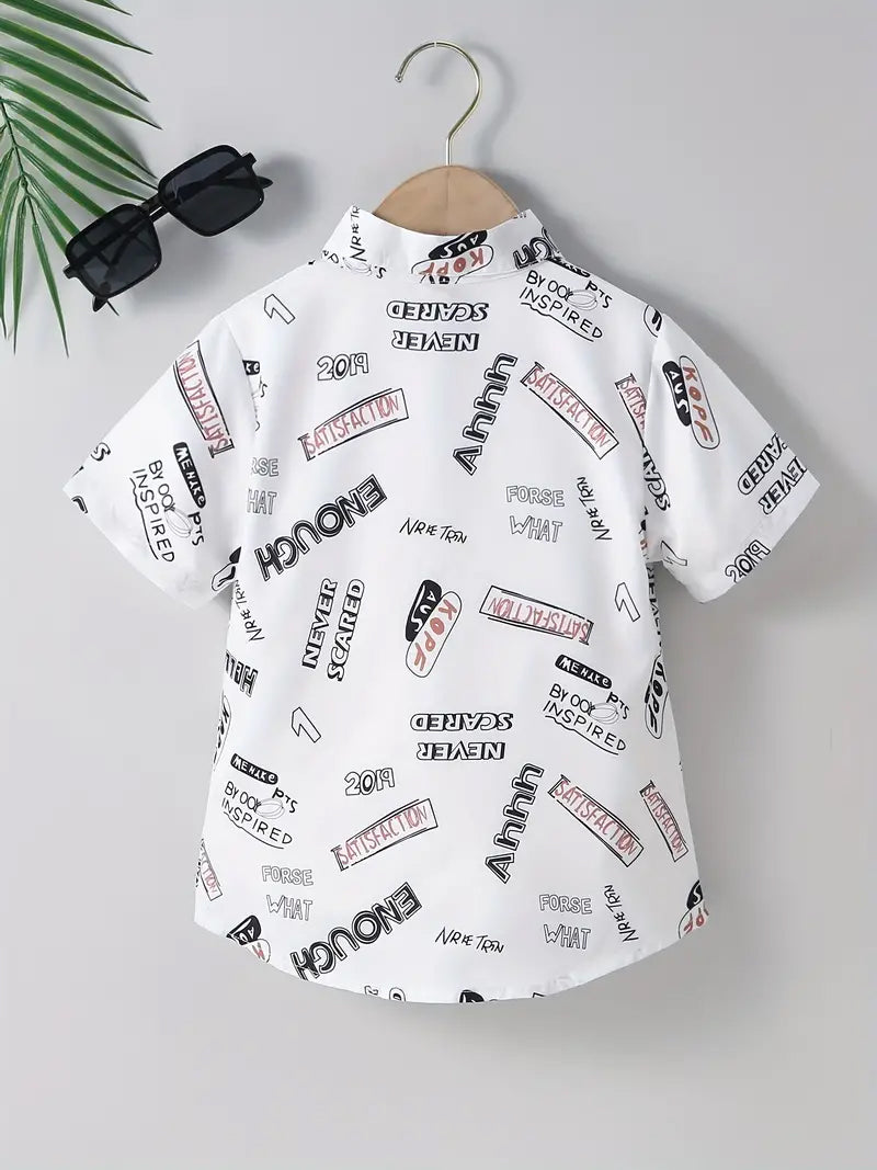 Boys White Latter Graphic Print Kids Short Sleeve Shirt-Casual Boy Shirt By Shinydots
