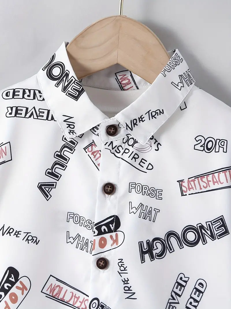 Boys White Latter Graphic Print Kids Short Sleeve Shirt-Casual Boy Shirt By Shinydots