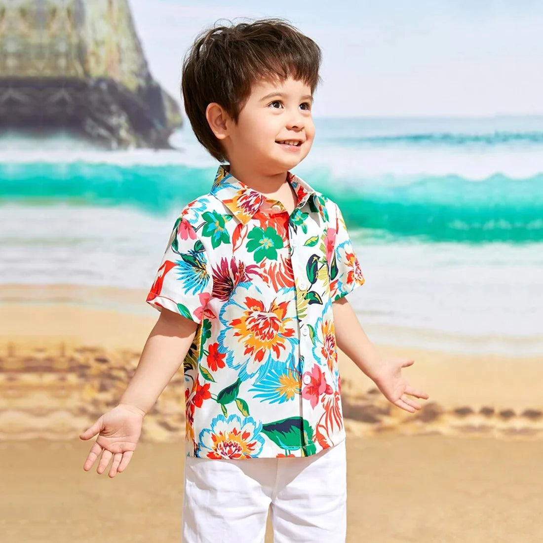 Shinydots Cotton Multicolor Flower Printed Shirt For Boys
