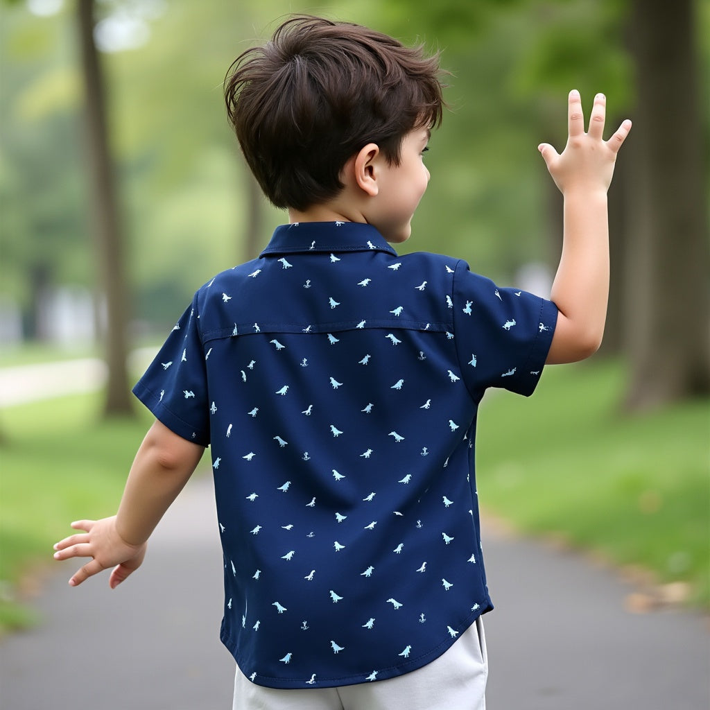 Navy Blue Kids' Short-Sleeve Dianosaur Printed Shirt - Stylish & Comfortable