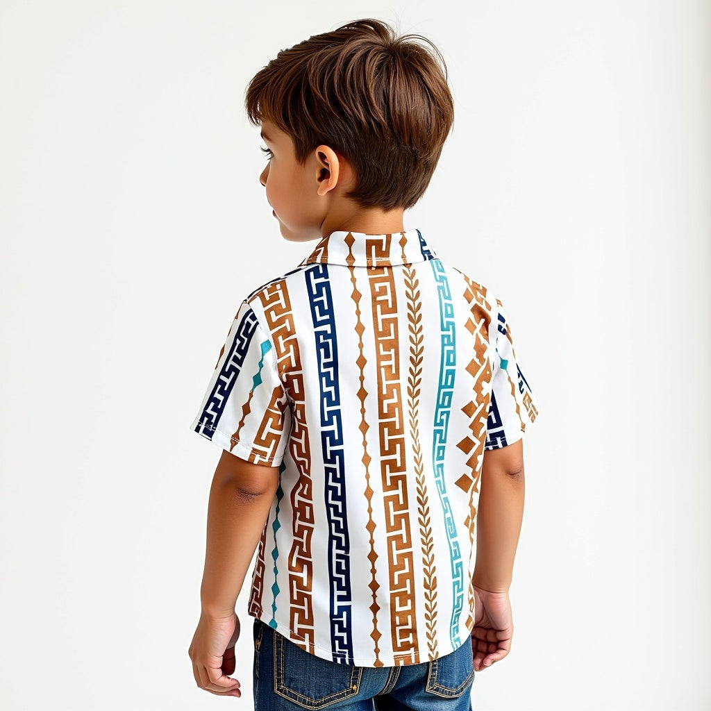 Trendy Geometric Striped Print Boys' Short Sleeve Shirt – Vibrant Blue & Orange