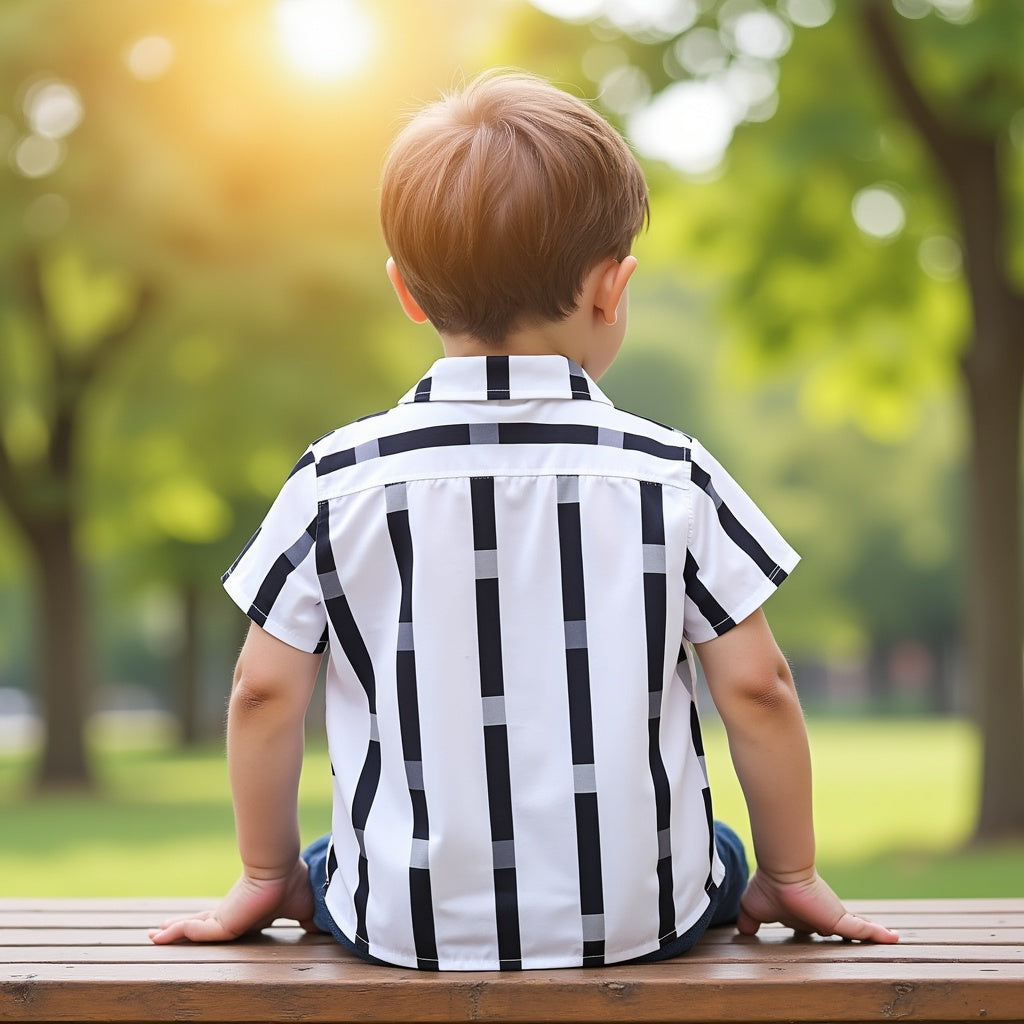 Boys' Black & White Striped Short-Sleeve Button-Down Shirt (Casual/Formal)