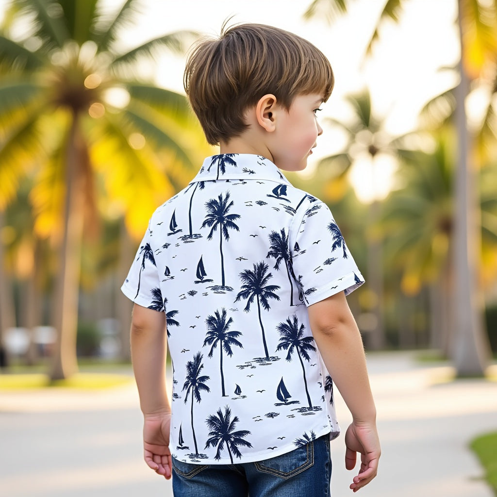 Tropical Palm Tree & Sailboat Print Kids' Shirt - Trendy Summer Wear for Boys | Shinydots