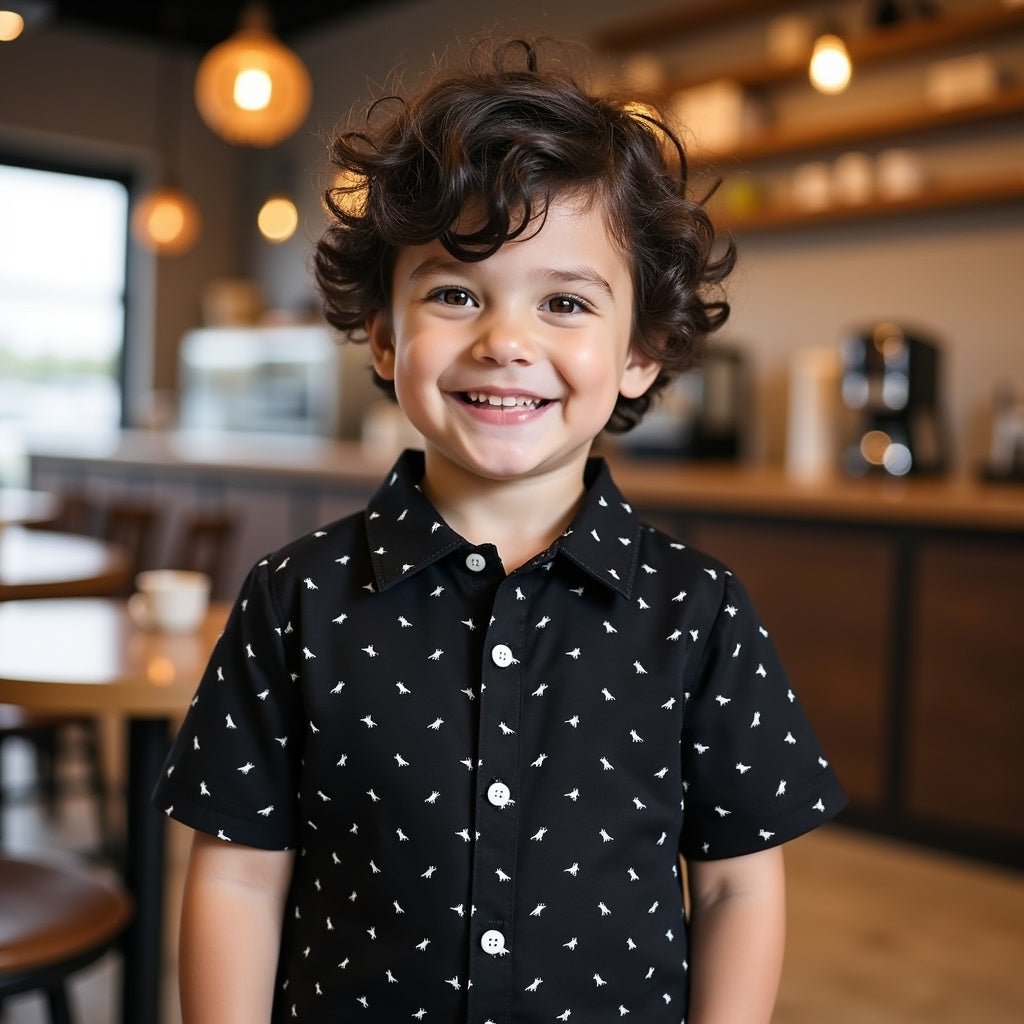 Black Kids' Short-Sleeve Printed Shirt with White Dino Patterns - Stylish & Comfortable