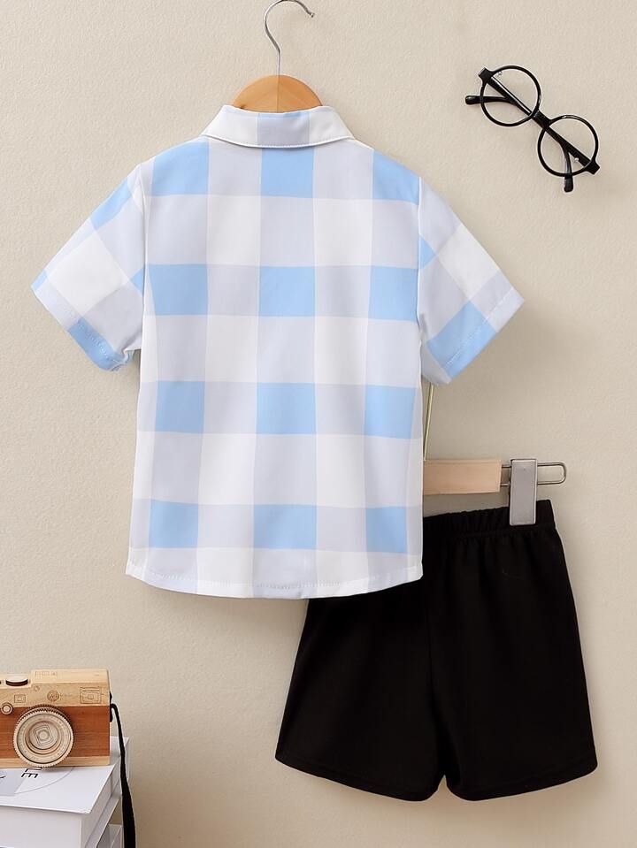Shinydots Kids' Blue & White Checkered Shirt with Black Shorts – Stylish 2-Piece Summer Set