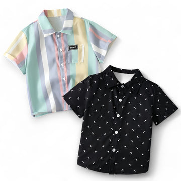 Black Dianosaur & Multicolor Striped Short Sleeeve Baby Boys Shirt Summer Collection By Shinydots