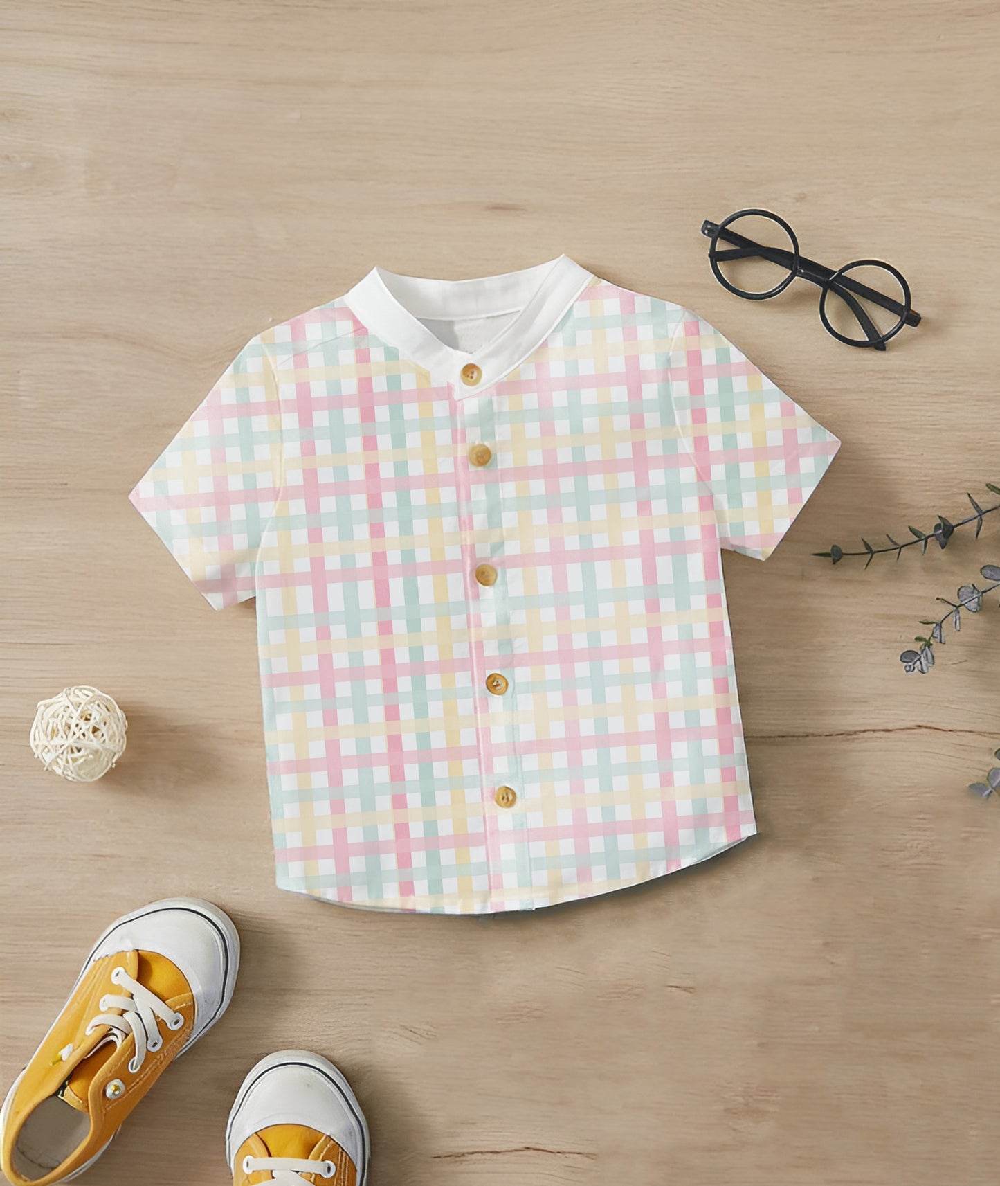 Shinydots Baby Boy Pastel Checkered Mandarin Collar Short-Sleeve Shirt-Only Shirt