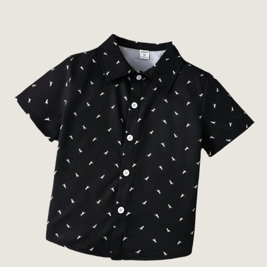 Black Dianosaur & Multicolor Striped Short Sleeeve Baby Boys Shirt Summer Collection By Shinydots