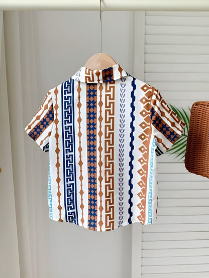 Boy Brown Chain Geomatric Striped Short Sleeve Shirt & Shorts Two Piece Clothing Set