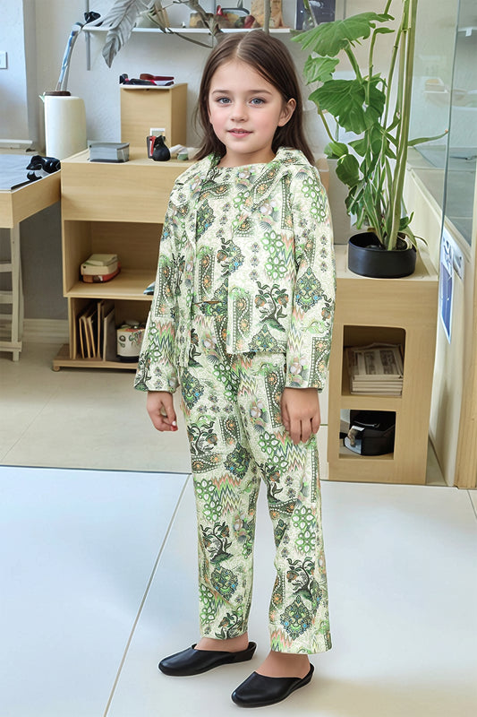 Girls' Elegant Green Printed 3-Piece Co-Ord Set – Jacket, Crop Top & Pants
