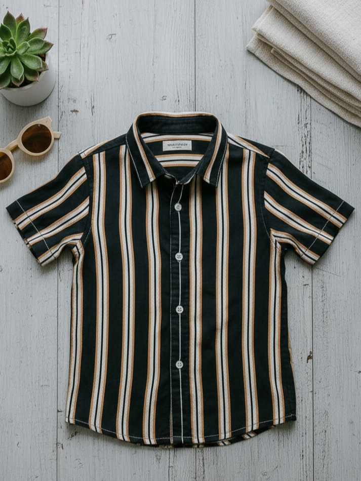 Black and beige striped shirt on a light wooden surface with sunglasses and a plant.