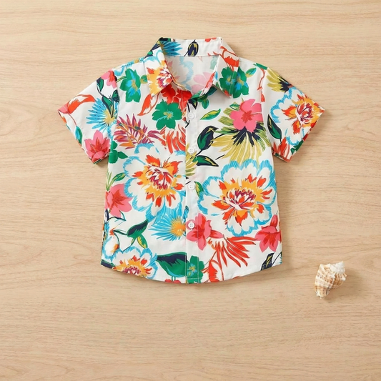 White Floral Printed Cotton Shirt for Boys | Summer Garden Style