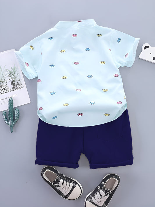 Shinydots Baby Boy Skyblue Car Print Short Sleeve Shirt & Shorts Two Piece Set