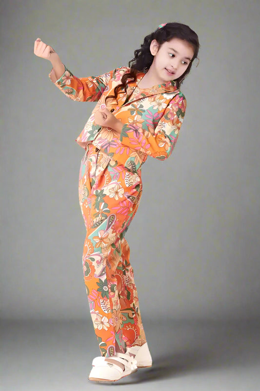 Stylish Floral Printed 3-Piece Girl Orange Clothing Set (Jacket, Tunic, and Trousers)