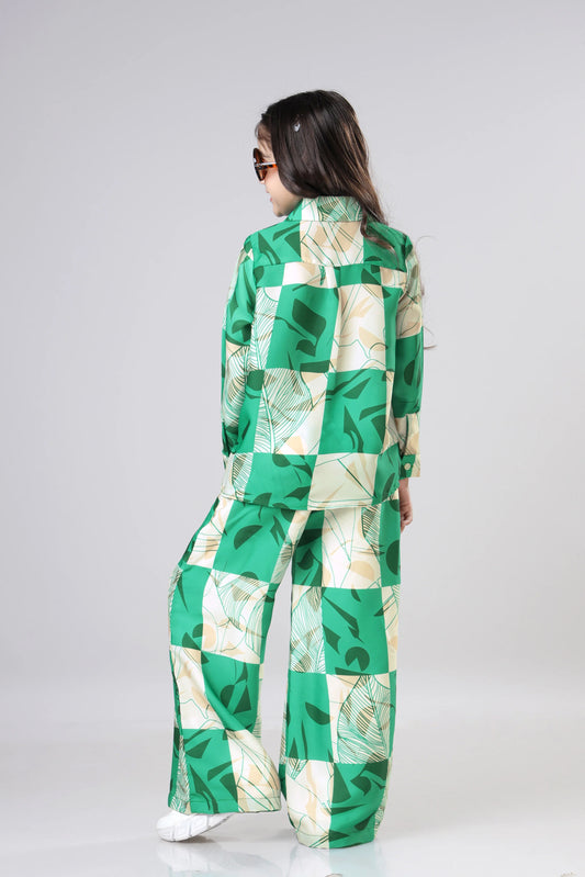 Shinydots Green Color Blocked Designr Co-Ord Set Shirt with Trouser Clothing Set For Girl's