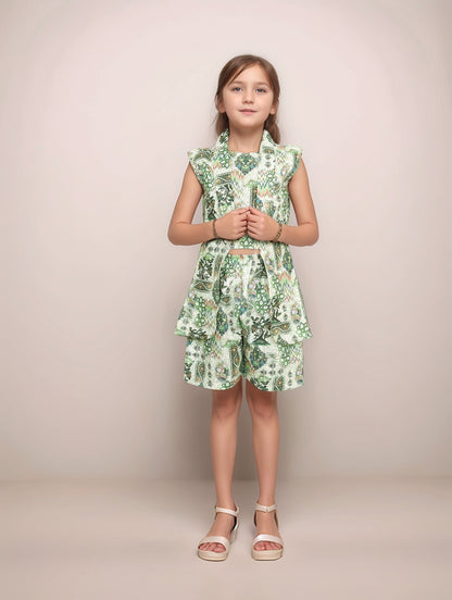 Shinydots Elegant Green Abstrect Design High Low 3-Piece Co-Ord Set Blazer, Crop Top & Shorts