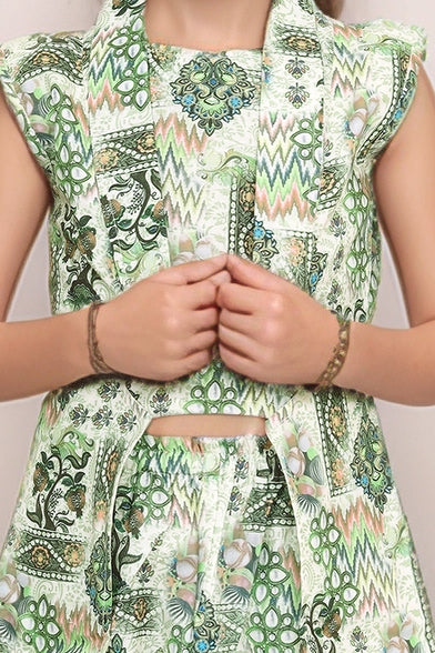 Shinydots Elegant Green Abstrect Design High Low 3-Piece Co-Ord Set Blazer, Crop Top & Shorts