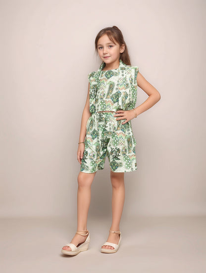 Shinydots Elegant Green Abstrect Design High Low 3-Piece Co-Ord Set Blazer, Crop Top & Shorts