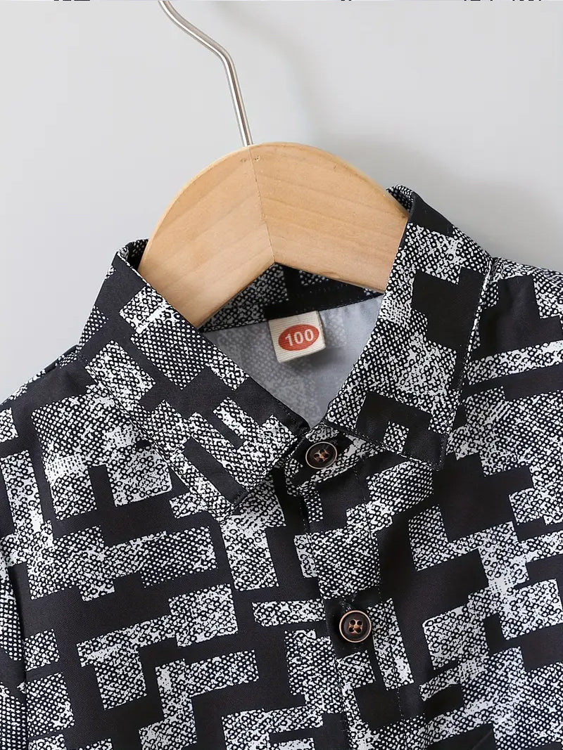 Trendy Boys Black Geometric Printed Shirt Sleeve Spread Collar Shirt – Stylish & Comfortable By Shinydots