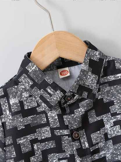 Trendy Boys Black Geometric Printed Shirt Sleeve Spread Collar Shirt – Stylish & Comfortable By Shinydots