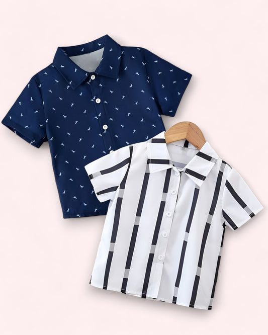 Navy Blue Dianosaur & Black Striped Short Sleeeve Boys Shirt Regular Wear Collection By Shinydots