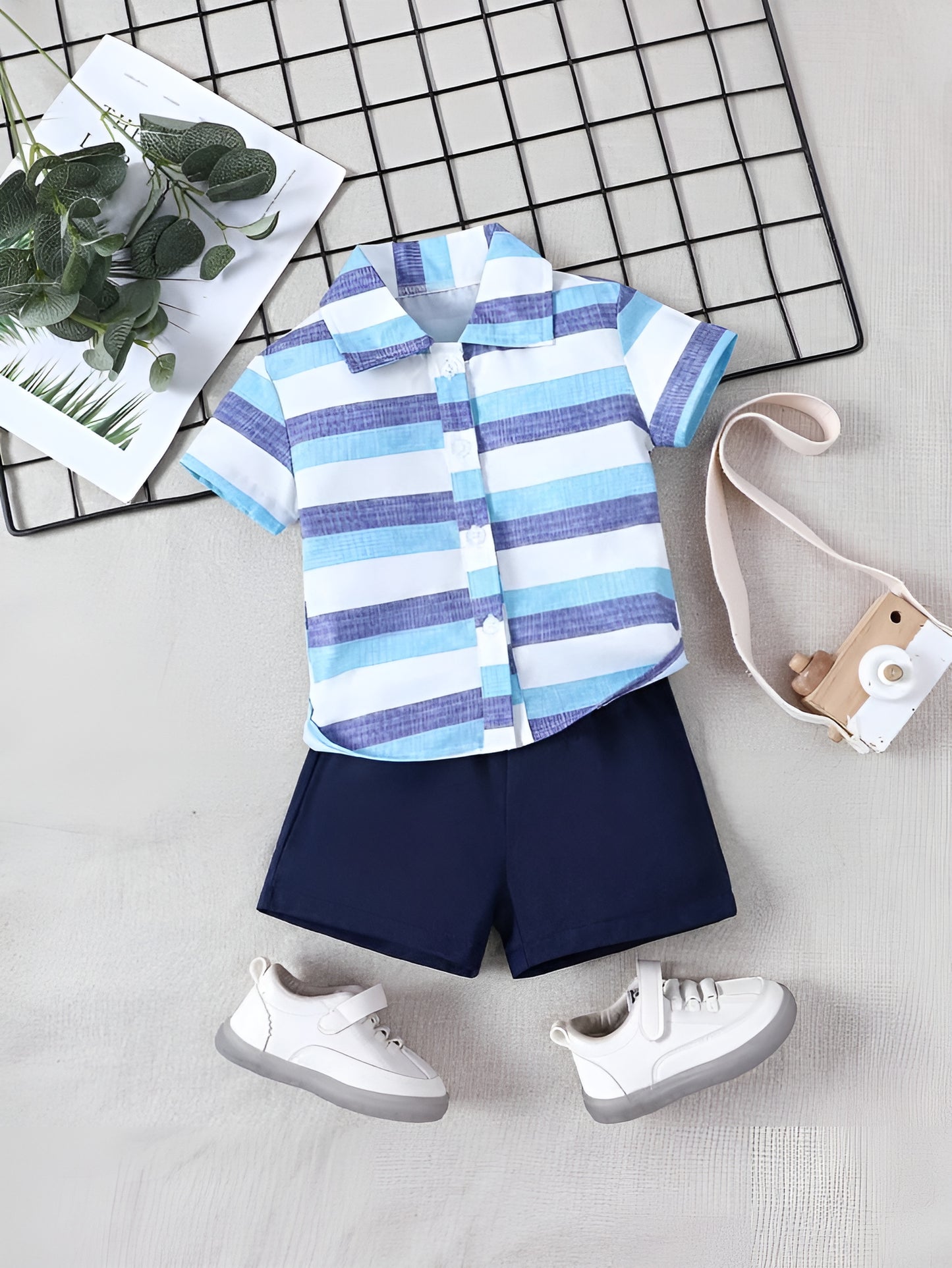 Shinydots Stylish Blue Striped Cotton Blend Shirt & Navy Shorts Set for Boys – Summer Casual Outfit